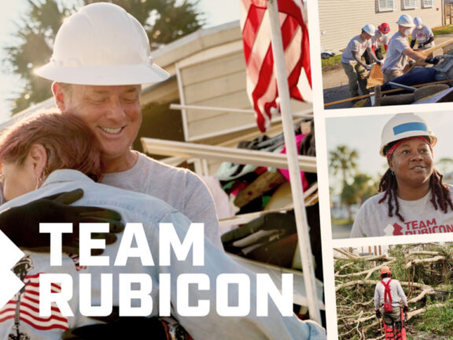 Host Kevin OConner hugs a volunteer in Team Rubicon.