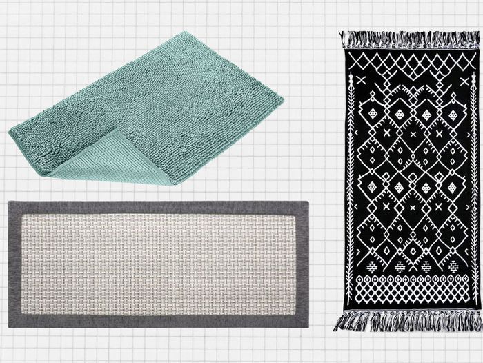 Best washable rug lead image - Amazon Basics Microfiber Shag Rug Mat, AMOAMI Kitchen Rug, and EARTHALL Boho Runner Rug against a gray graph paper background